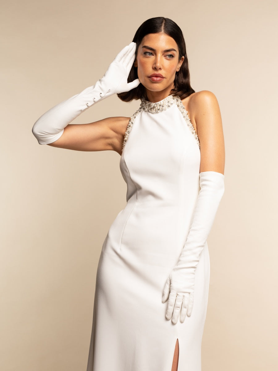 Angelina (white) - Italian silk lined 12-button length leather bridal / opera gloves — photo 9 of 10