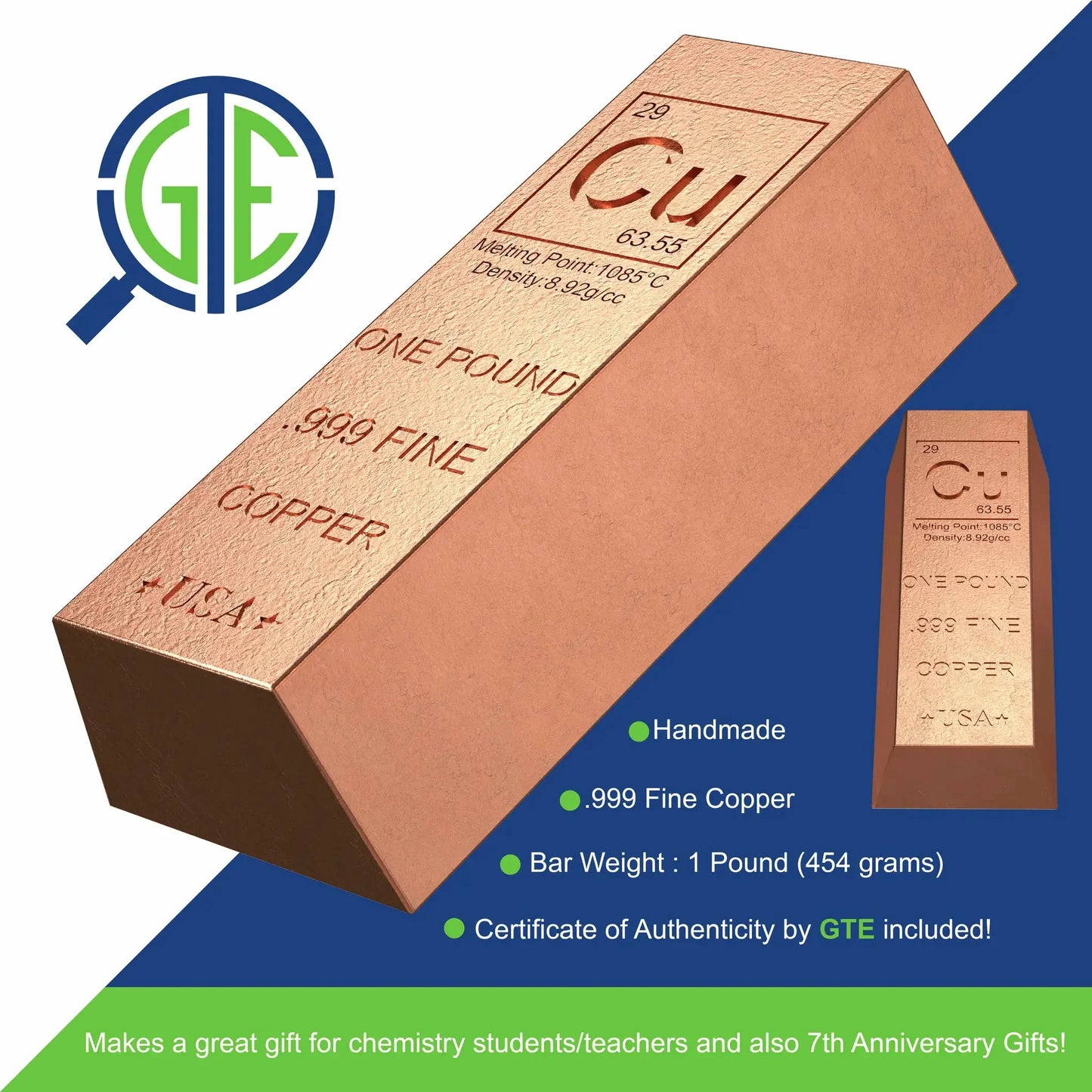 1 Pound Copper Bullion Bar Ingot Paperweight - 999 Pure Chemistry Element Design with Certificate of Authenticity