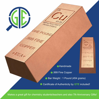 1 Pound Copper Bullion Bar Ingot Paperweight - 999 Pure Chemistry Element Design with Certificate of Authenticity
