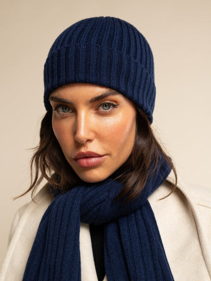 Milano (navy blue) - Italian 100% cashmere ribbed beanie (unisex)