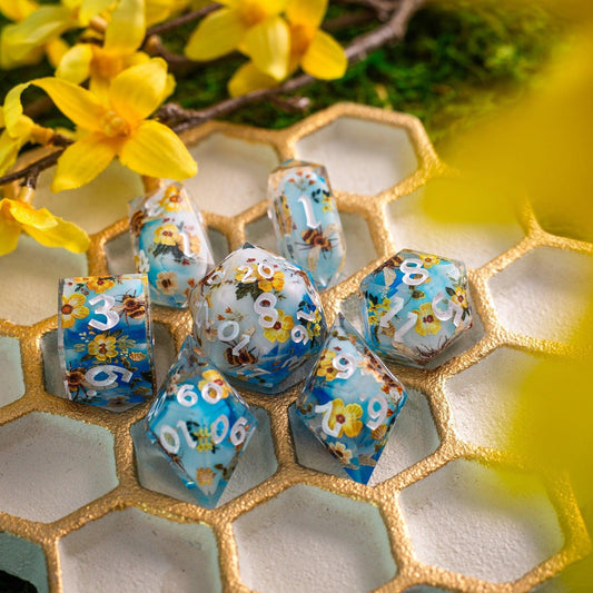 Juego de dados DND de resina hechos a mano con abejas y flores