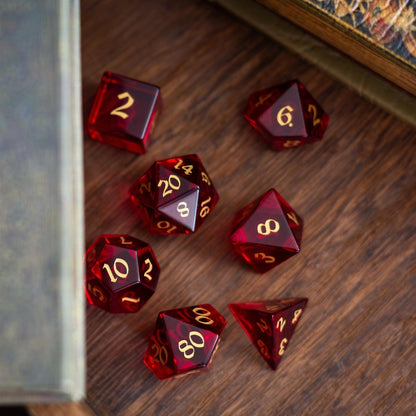 Juego de dados DND de cristal de circonita tallados a mano en rojo sangre