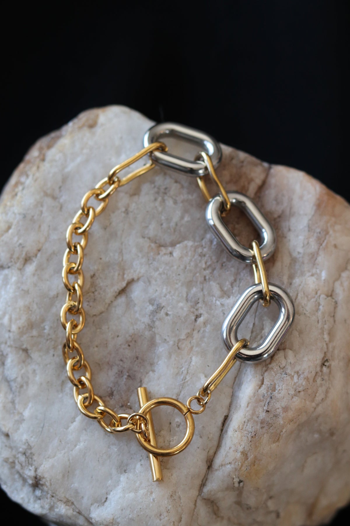 Two Tone Daphne Bracelet – 18K Gold Plated Stainless Steel Mixed Metal Toggle Bracelet