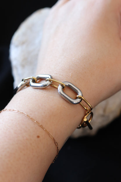Two Tone Daphne Bracelet – 18K Gold Plated Stainless Steel Mixed Metal Toggle Bracelet