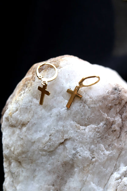 Gold Cross Huggies - Gold Plated Stainless Steel