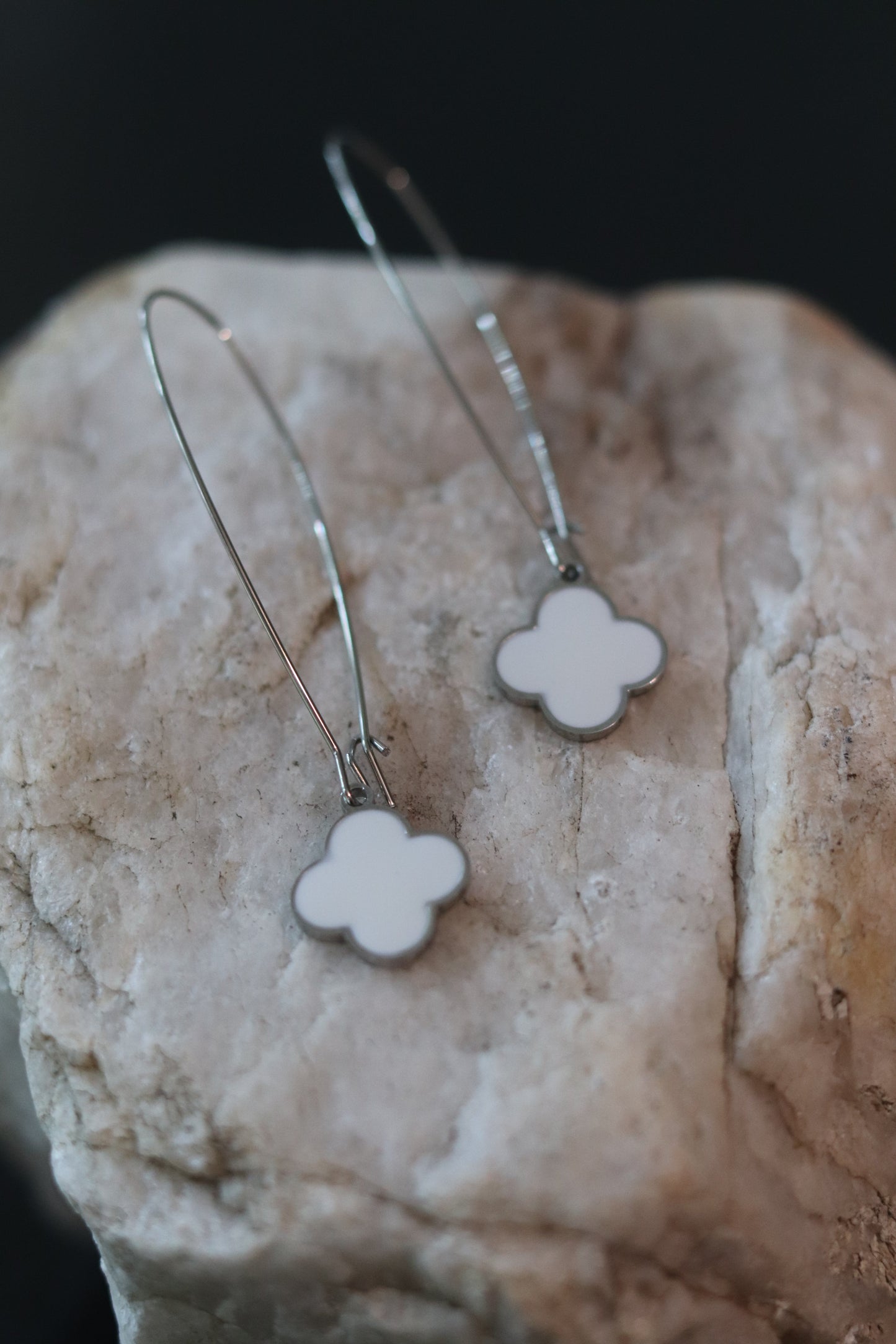 Silver and White Clover Dangle Earrings 