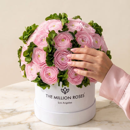 Classic White Box | Light Pink Persian Buttercups & Green Hydrangeas