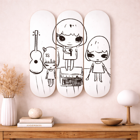 Nara Inspired 3-Piece Skateboard Wall Art – Minimal Black & White Edition
