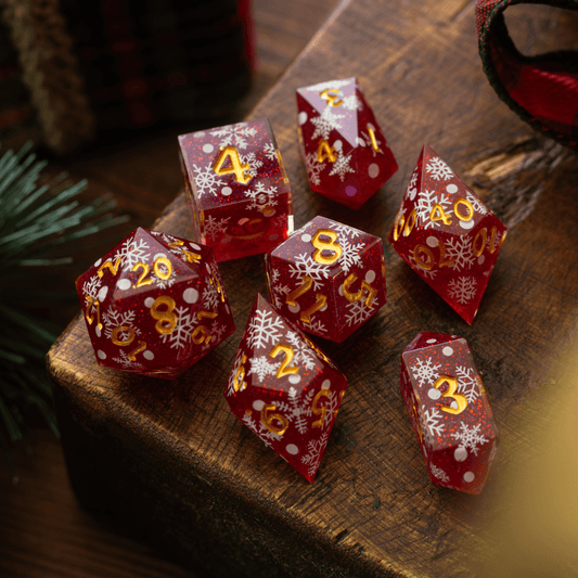 Juego de dados de resina DND hechos a mano con copos de nieve rojos navideños