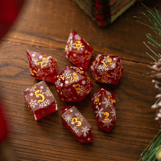 Juego de dados de resina DND hechos a mano con copos de nieve rojos navideños