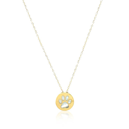 14k Yellow Gold Necklace with Dog Paw Print Symbol in Mother of Pearl