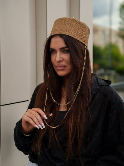 Palomna Double Chain Pierced Hat in Dark Beige