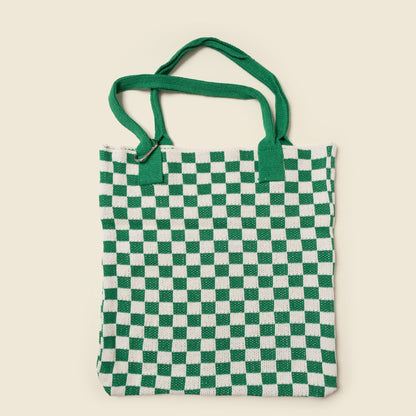 Green Checkered Tote Bag - Washable Cotton Knit with Key Ring