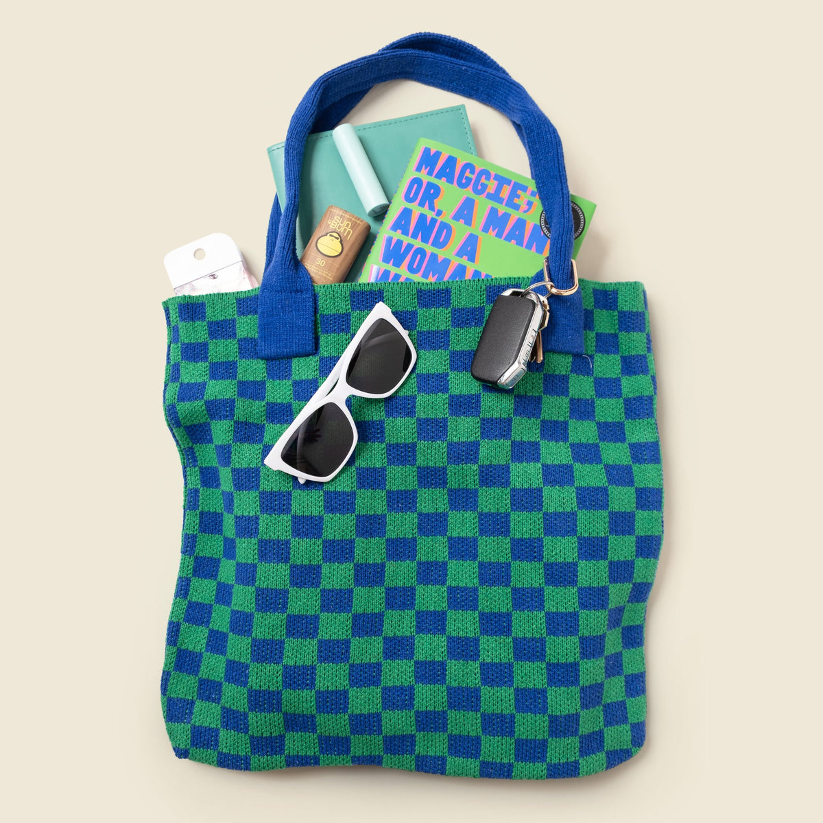 Blue and Green Checkered Tote Bag - Washable Cotton Knit with Key Ring