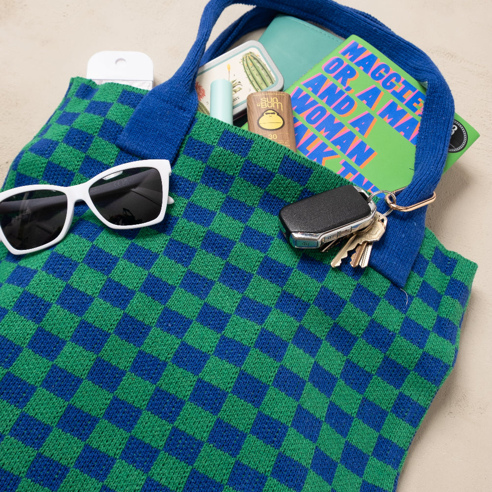 Blue and Green Checkered Tote Bag - Washable Cotton Knit with Key Ring