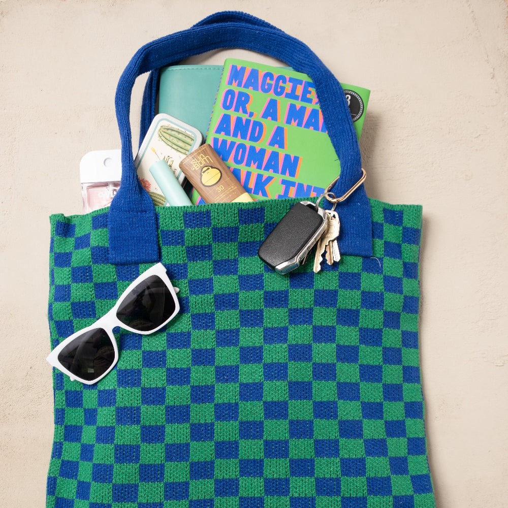 Blue and Green Checkered Tote Bag - Washable Cotton Knit with Key Ring