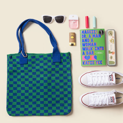 Blue and Green Checkered Tote Bag - Washable Cotton Knit with Key Ring