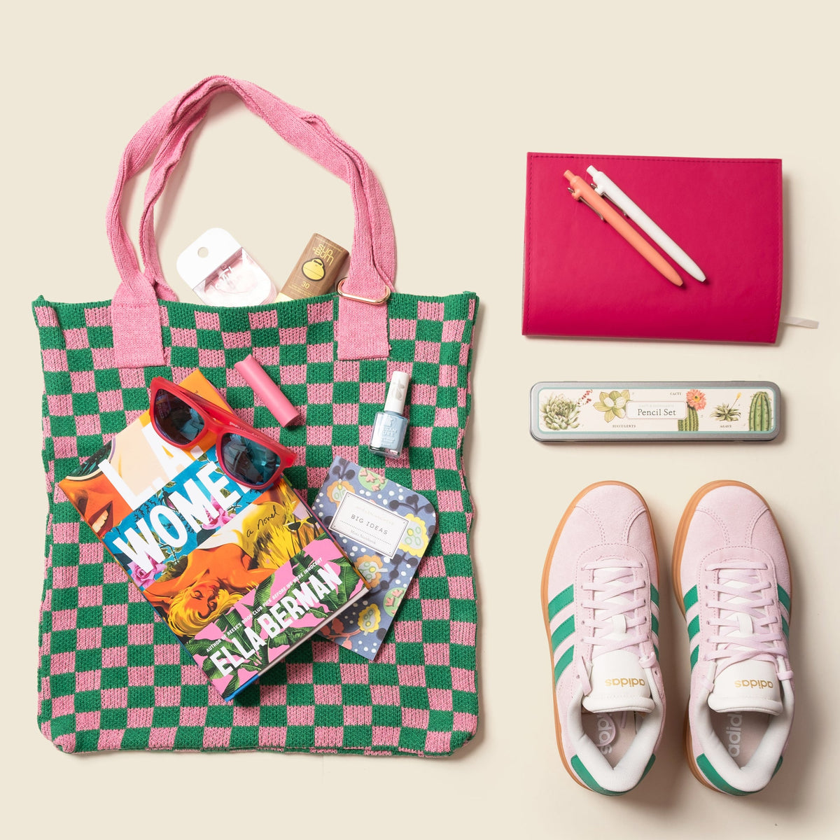 Pink and Green Checkered Tote Bag - Washable Cotton Knit with Key Ring