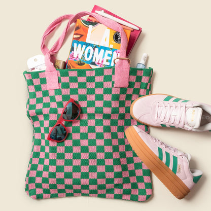 Pink and Green Checkered Tote Bag - Washable Cotton Knit with Key Ring