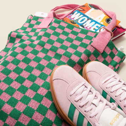 Pink and Green Checkered Tote Bag - Washable Cotton Knit with Key Ring