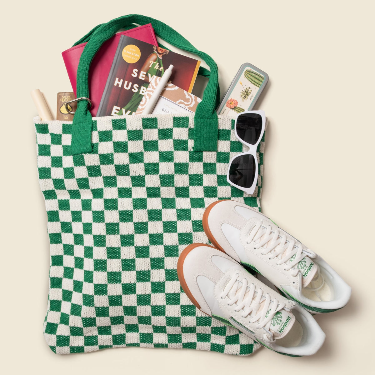 Green Checkered Tote Bag - Washable Cotton Knit with Key Ring