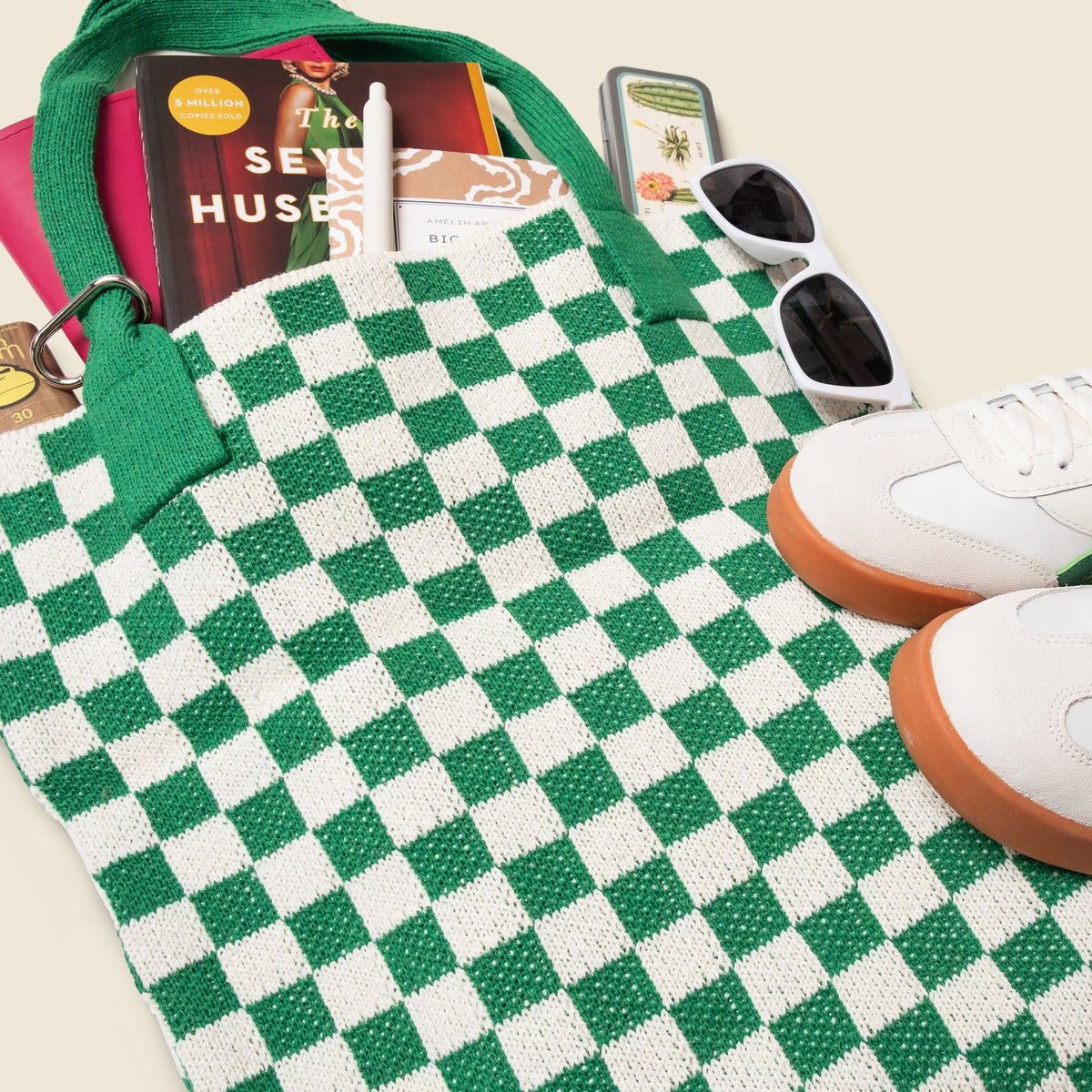 Green Checkered Tote Bag - Washable Cotton Knit with Key Ring
