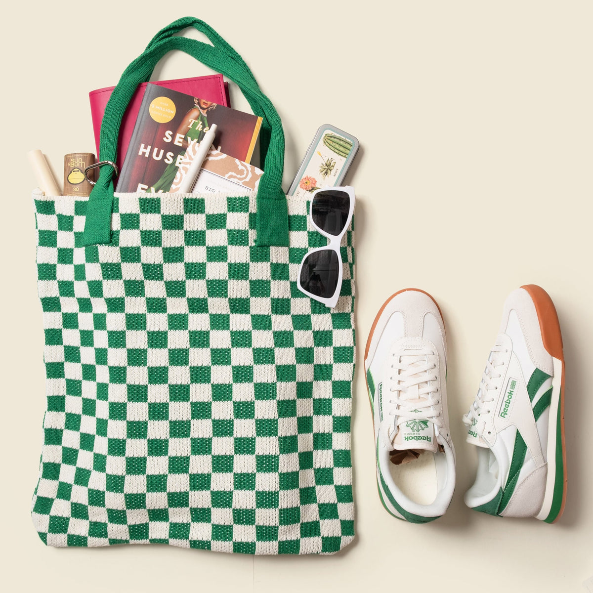 Green Checkered Tote Bag - Washable Cotton Knit with Key Ring