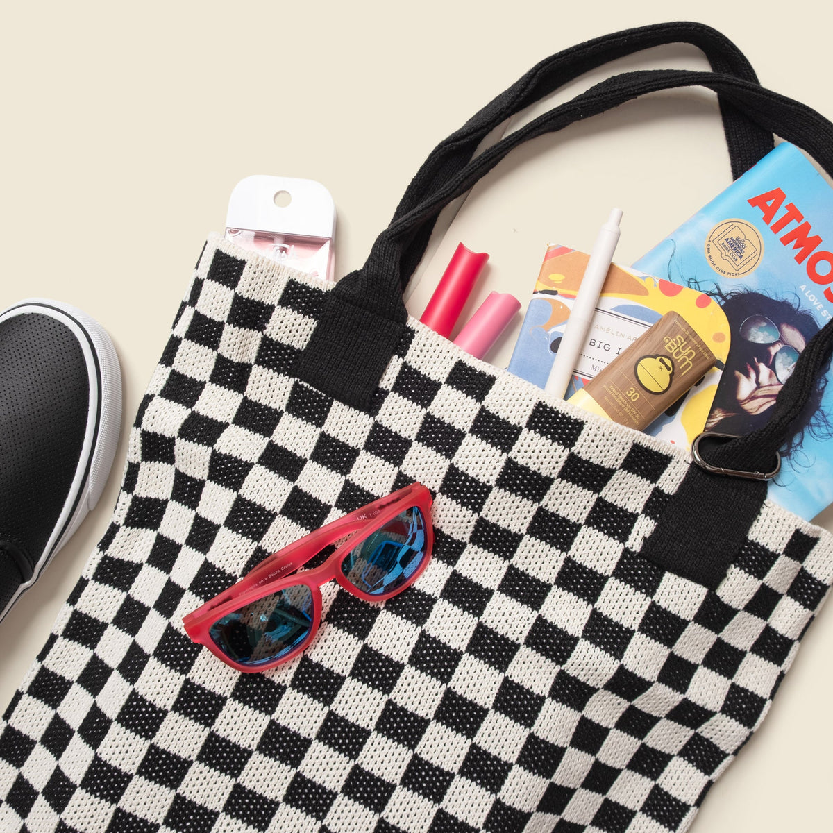 Black Checkered Tote Bag - Washable Cotton Knit with Key Ring