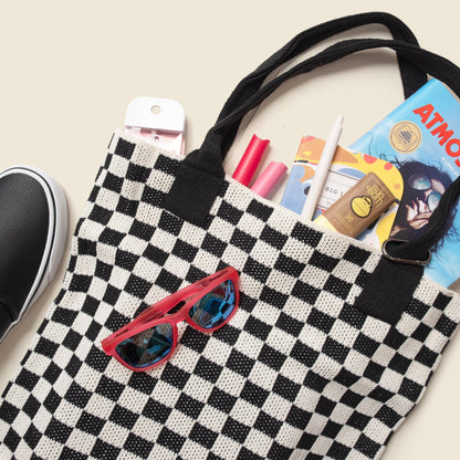 Black Checkered Tote Bag - Washable Cotton Knit with Key Ring