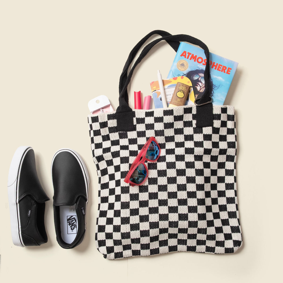 Black Checkered Tote Bag - Washable Cotton Knit with Key Ring