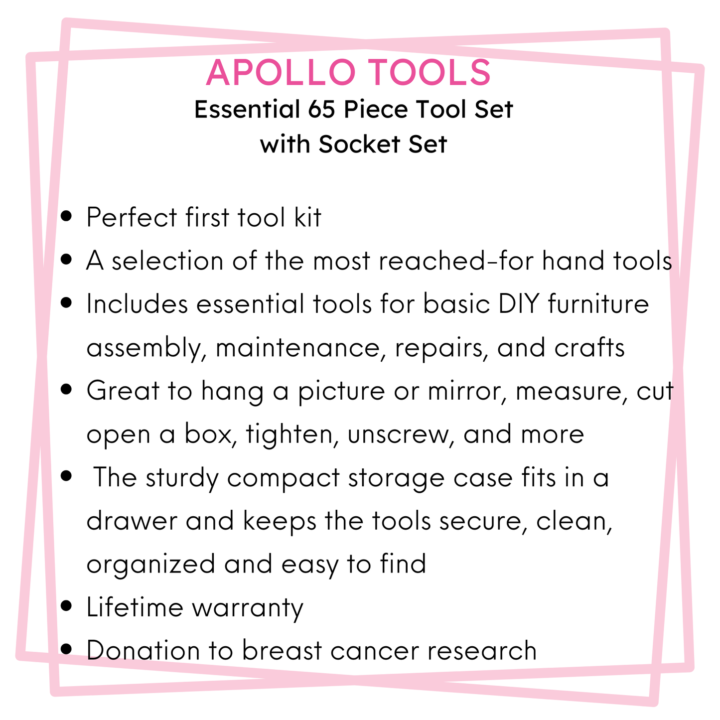 Essential 65-Piece Pink Tool Set with Socket Set and Most-Used Tools for Do it Yourself Repairs and Maintenance - DT0001P