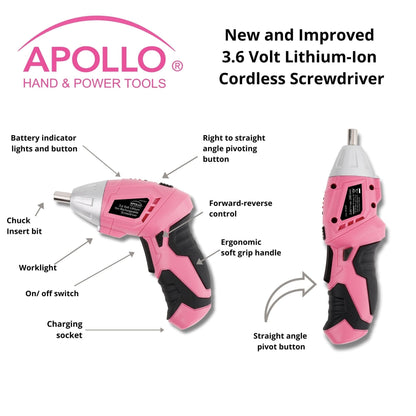 135 Piece Household Tool Kit Pink with Pivoting Dual-Angle 3.6 Volt Lithium-Ion Cordless Screwdriver - DT0773N1