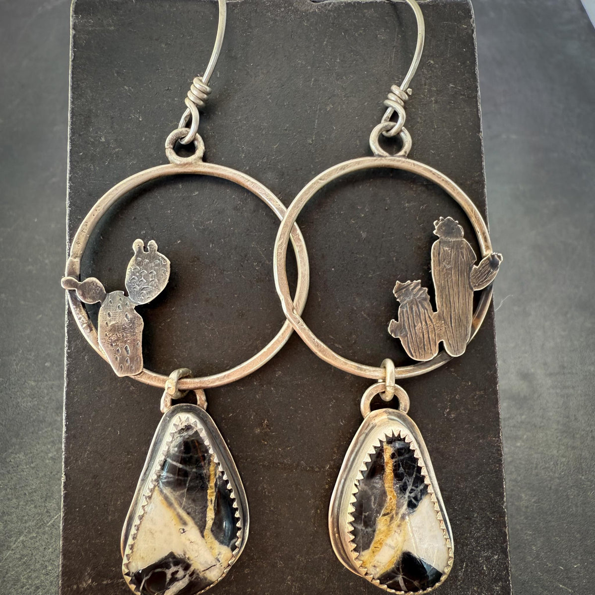 White Buffalo Turquoise Hoop Earrings in Sterling Silver with Hand-Sawn Cactus Design