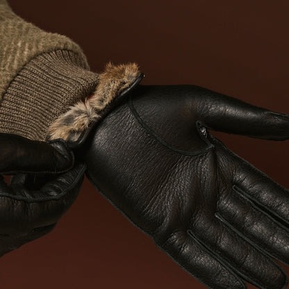 Diego (black) - Italian gloves made of American deerskin leather with rabbit fur lining