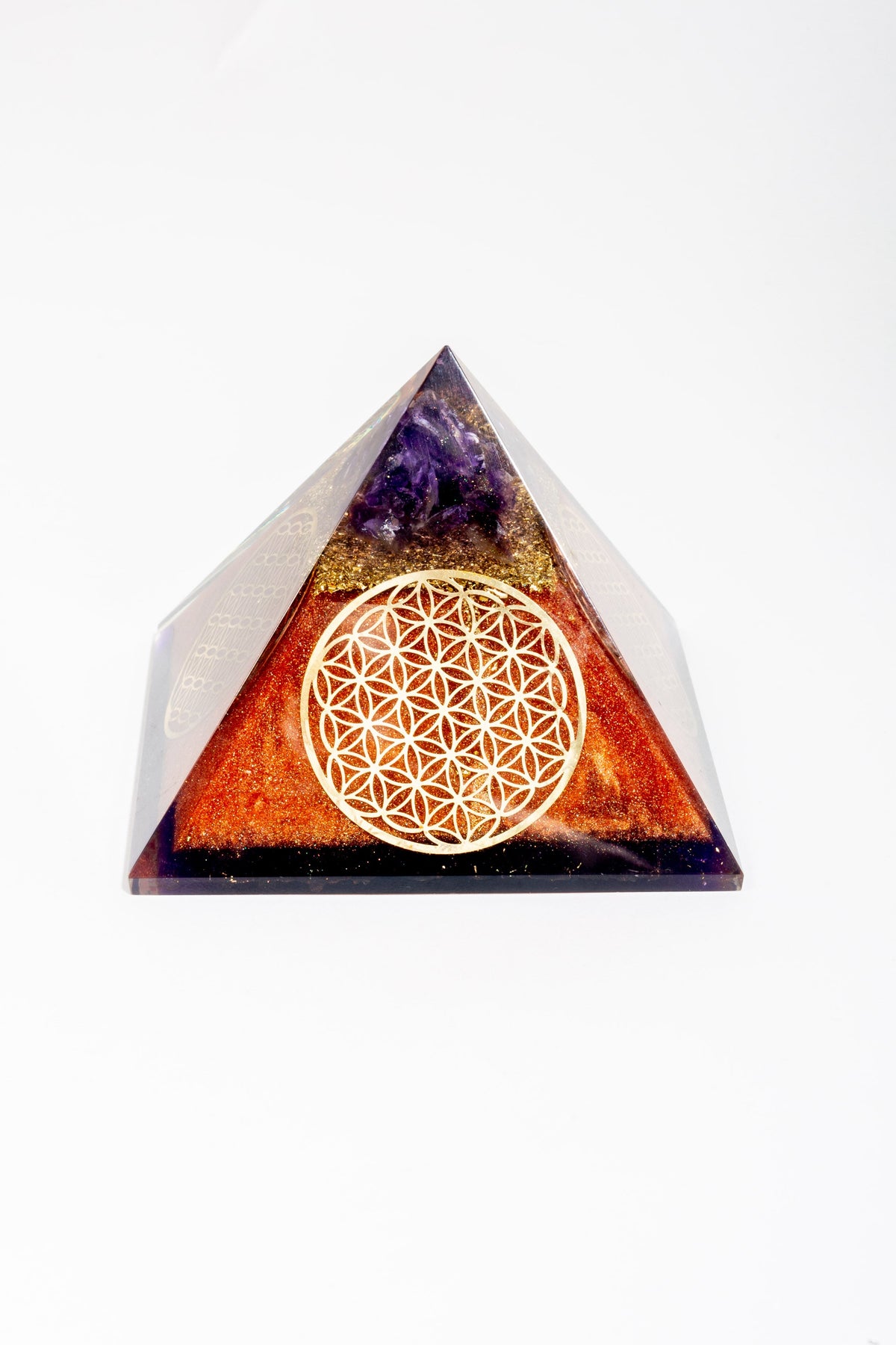 Flower of Life Copper Orgone Pyramid with Amethyst (Authentic- REAL)