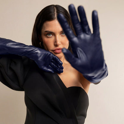 Elena (navy) - Italian silk lined 12-button length leather opera gloves — photo 5 of 10