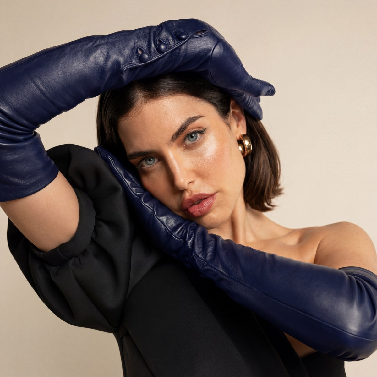Elena (navy) - Italian silk lined 12-button length leather opera gloves — photo 7 of 10