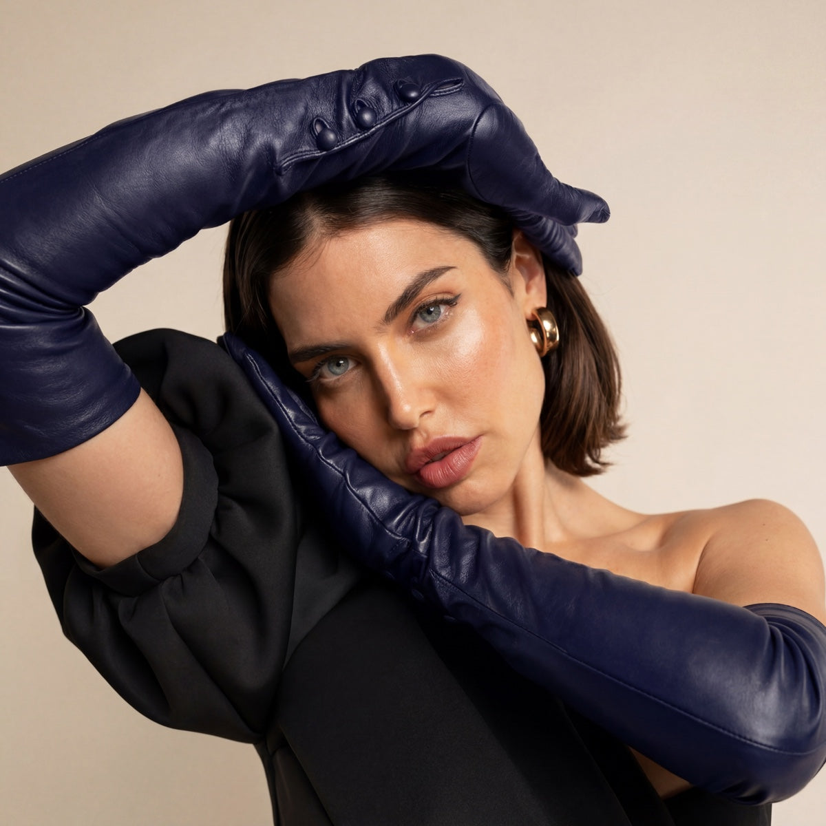 Elena (navy) - Italian silk lined 16-button length leather opera gloves — photo 4 of 10