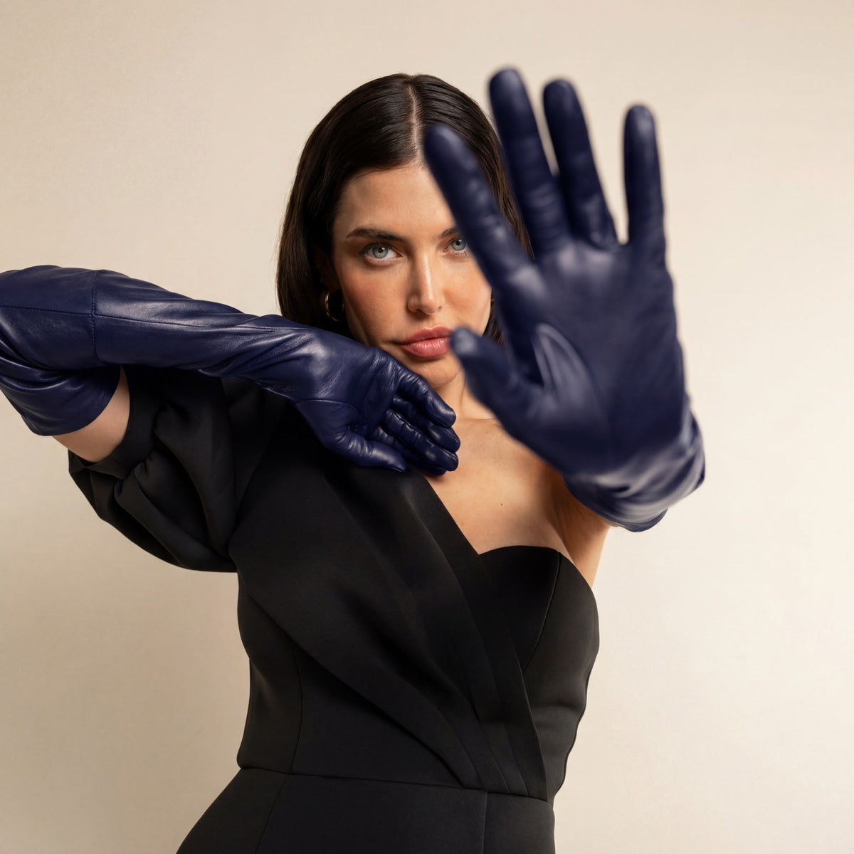 Elena (navy) - Italian silk lined 16-button length leather opera gloves — photo 5 of 10