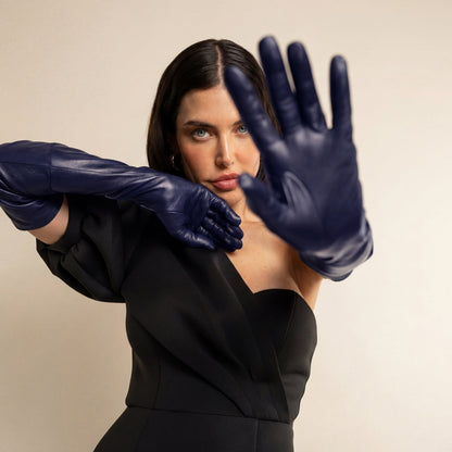 Elena (navy) - Italian silk lined 16-button length leather opera gloves — photo 5 of 10