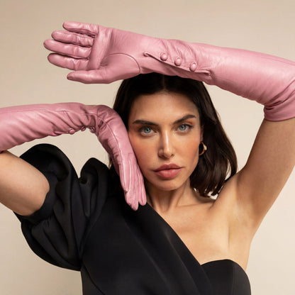 Elena (pink) - Italian silk lined 12-button length leather opera gloves — photo 2 of 10