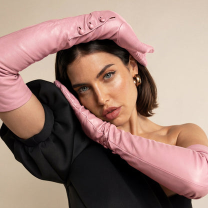 Elena (pink) - Italian silk lined 12-button length leather opera gloves — photo 5 of 10