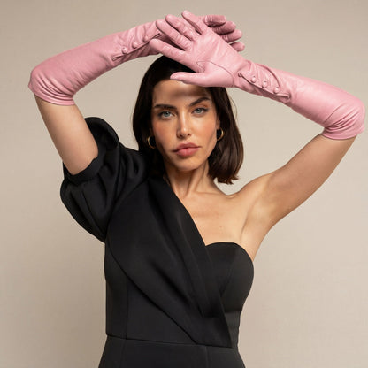 Elena (pink) - Italian silk lined 12-button length leather opera gloves — photo 6 of 10