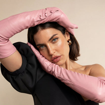 Elena (pink) - Italian silk lined 16-button length leather opera gloves — photo 5 of 10