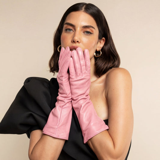 Elena (pink) - Italian silk lined 6-button length leather opera gloves — photo 2 of 10