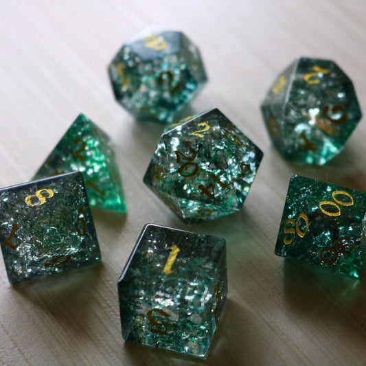 Juego de dados de rol DND de cristal Elven Wood Green Forge Fire