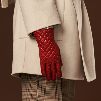 Emilia (red) - Classic Italian lambskin leather gloves with cashmere lining and checkered pattern — photo 8 of 10