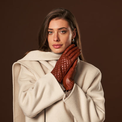 Emilia (brown) - Classic Italian lambskin leather gloves with cashmere lining and checkered pattern — photo 9 of 10