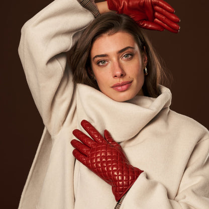 Emilia (red) - Classic Italian lambskin leather gloves with cashmere lining and checkered pattern — photo 9 of 10