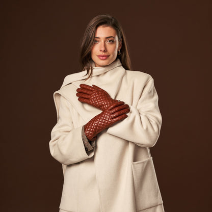 Emilia (brown) - Classic Italian lambskin leather gloves with cashmere lining and checkered pattern